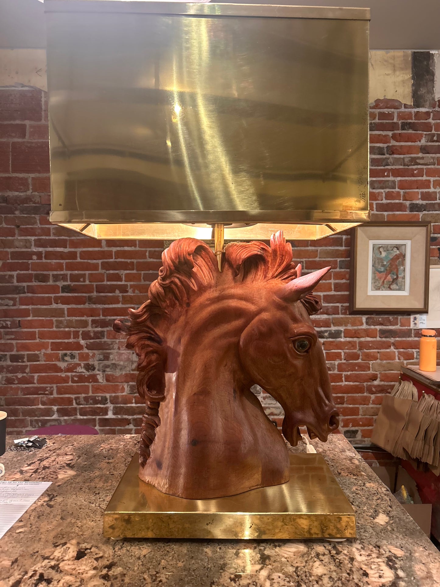 Wood Sculpture Horse Lamp with Brass Shade