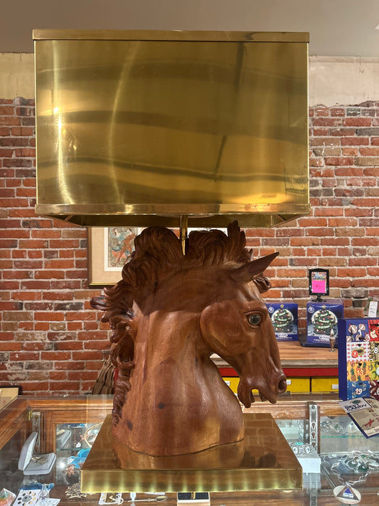 Wood Sculpture Horse Lamp with Brass Shade