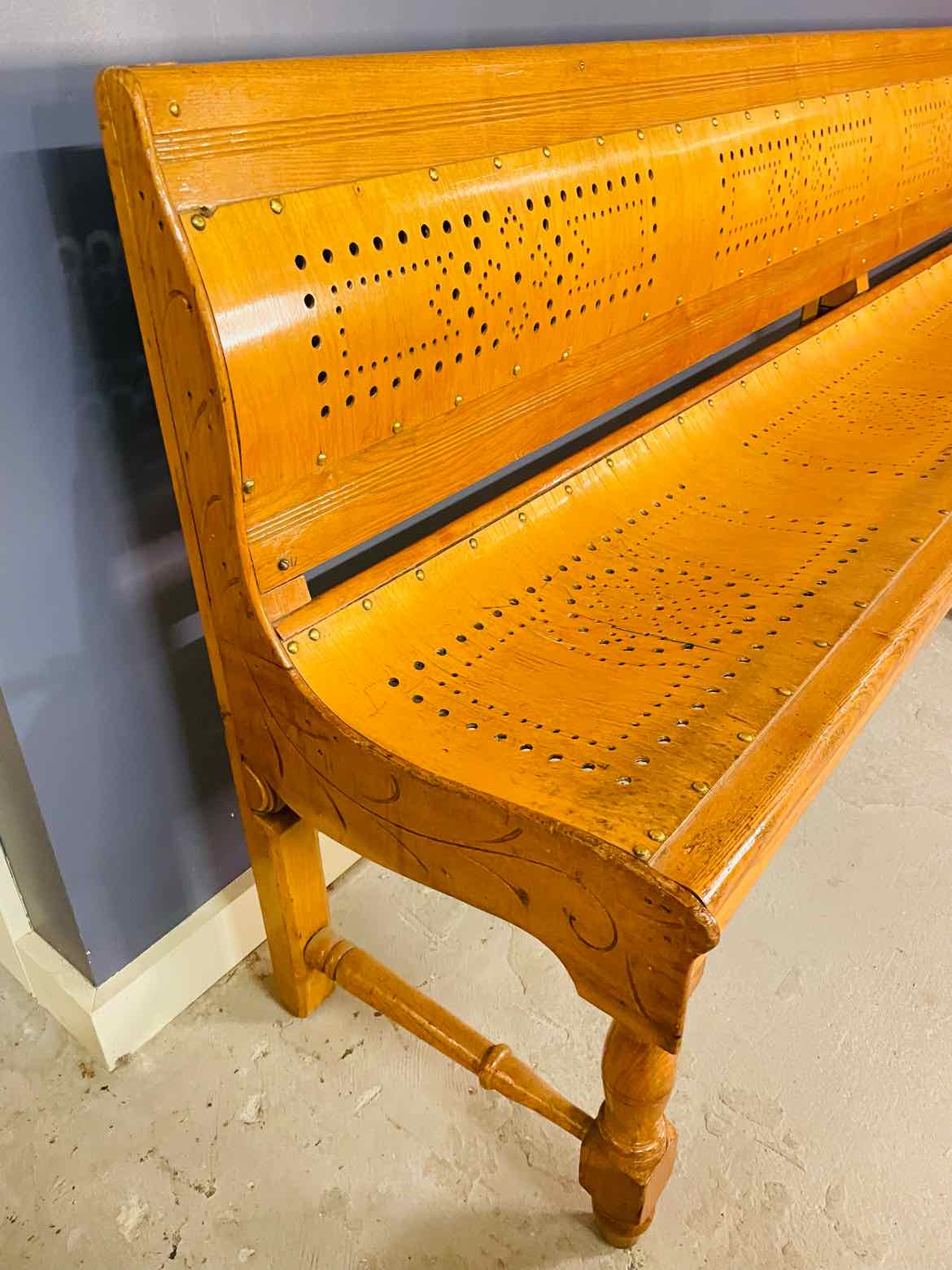 Antique Bent Wood Train Station Bench Perforated
